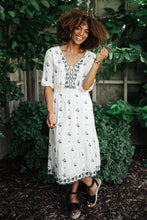 Load image into Gallery viewer, Embroidered Peasant Midi Dress in Ivory