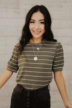 Load image into Gallery viewer, Striped Puff Sleeve Tee in Olive Green
