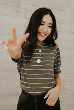 Load image into Gallery viewer, Striped Puff Sleeve Tee in Olive Green
